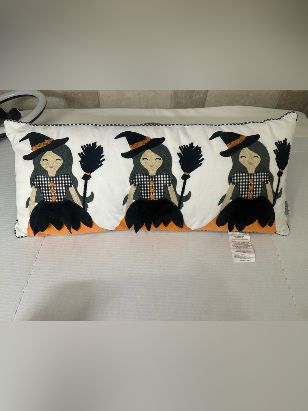 Loving Kindness Halloween Witch Lumbar Pillow 27.5” Applique Gingham Fall Decor